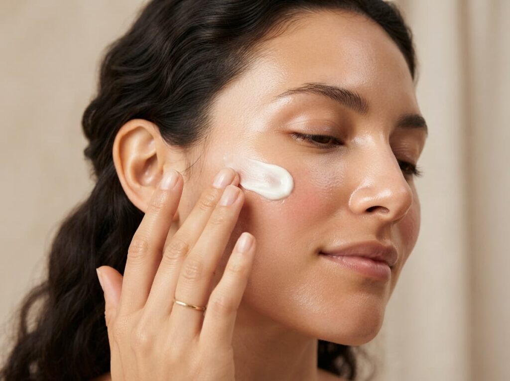 Donna che applica siero e crema sul viso