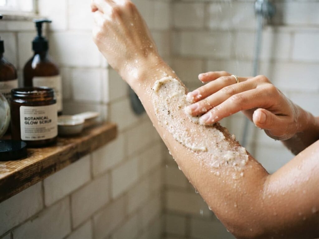 Donna che applica lo scrub corpo