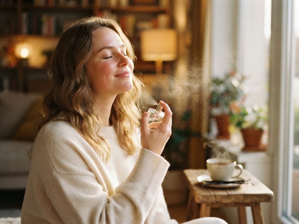 Donna che utilizza un profumo autunnale