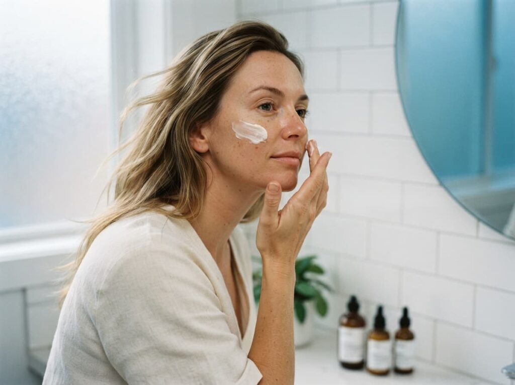 Applicazione crema viso donna per riparazione pelle dopo l'estate