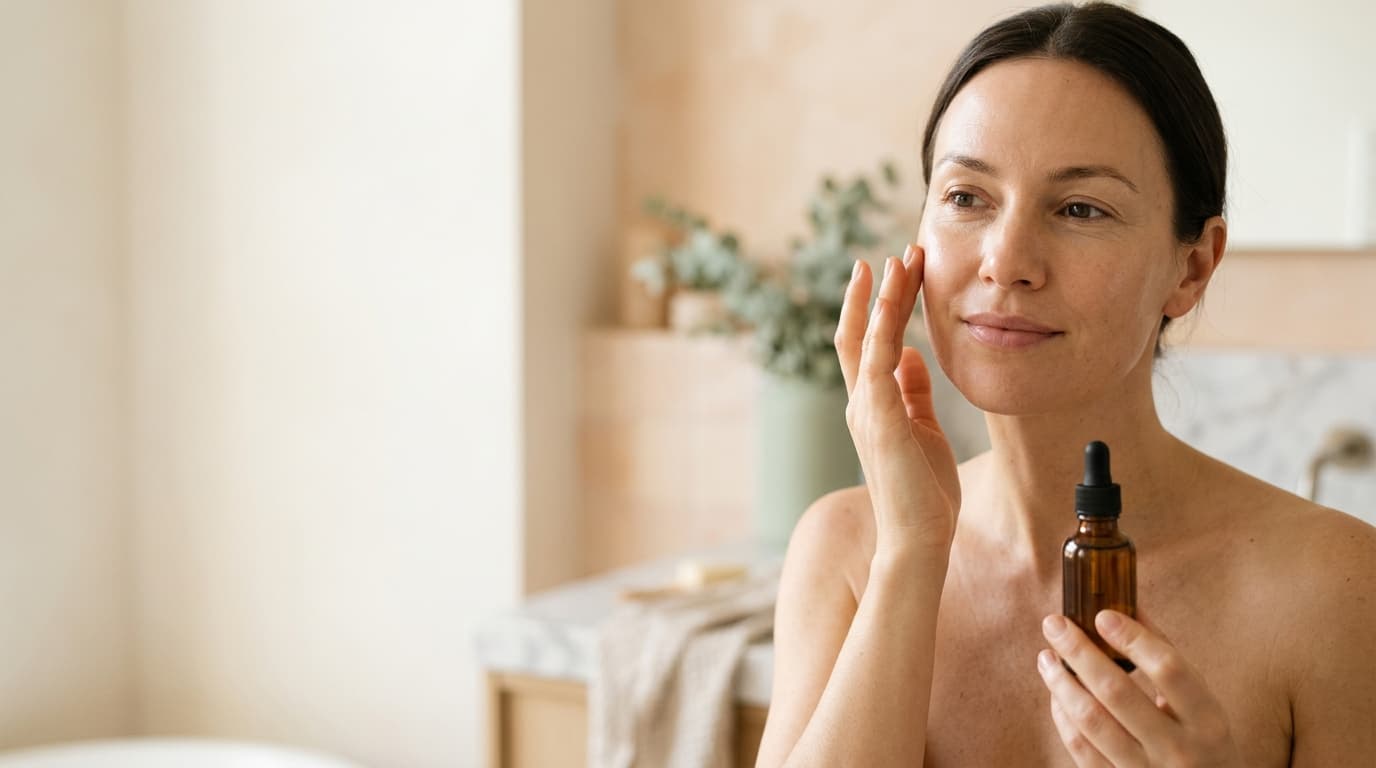 Donna che applica un siero viso sulla guancia con i polpastrelli, luce naturale del mattino