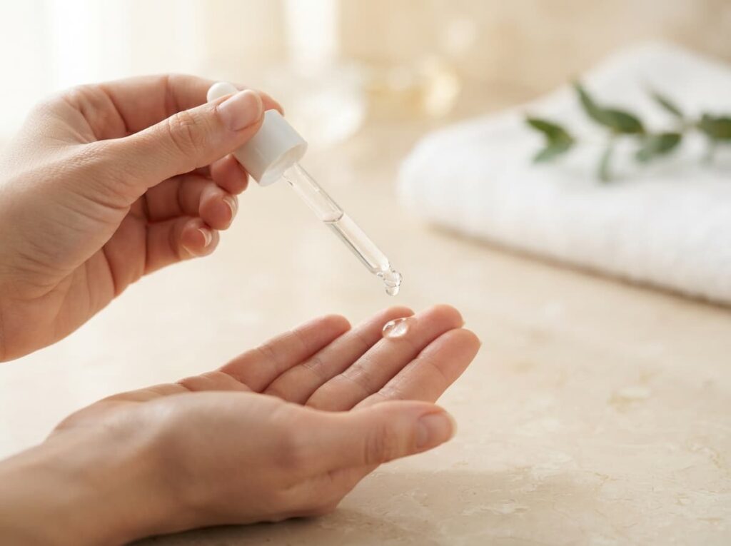 Una goccia di siero viso sui polpastrelli, dosaggio consigliato per applicare il siero sul viso