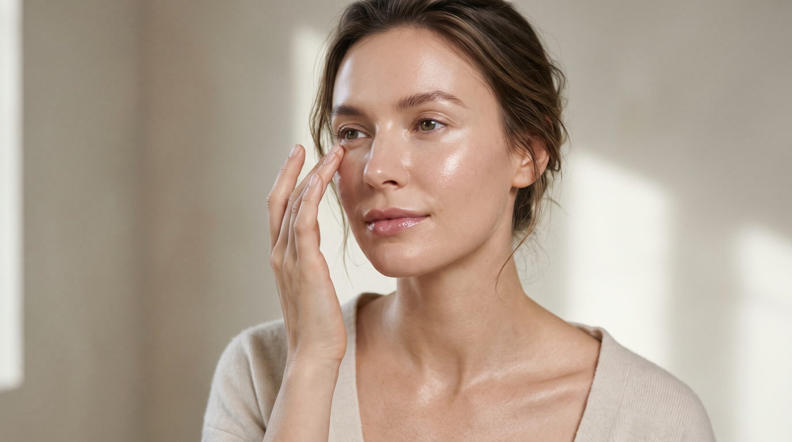 Donna con pelle luminosa che tocca delicatamente il contorno occhi durante la skincare routine mattutina.