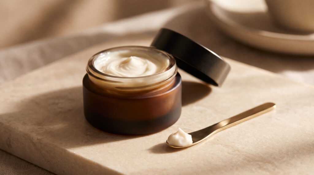 Vasetto cosmetico con crema ricca nutriente e spatolina dorata per la cura di contorno occhi e labbra.